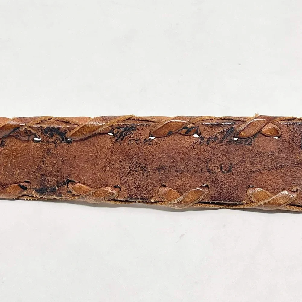 VTG Hand Tooled Leather Belt Wms 34 Brown Silver Buckle Made in Mexico Western